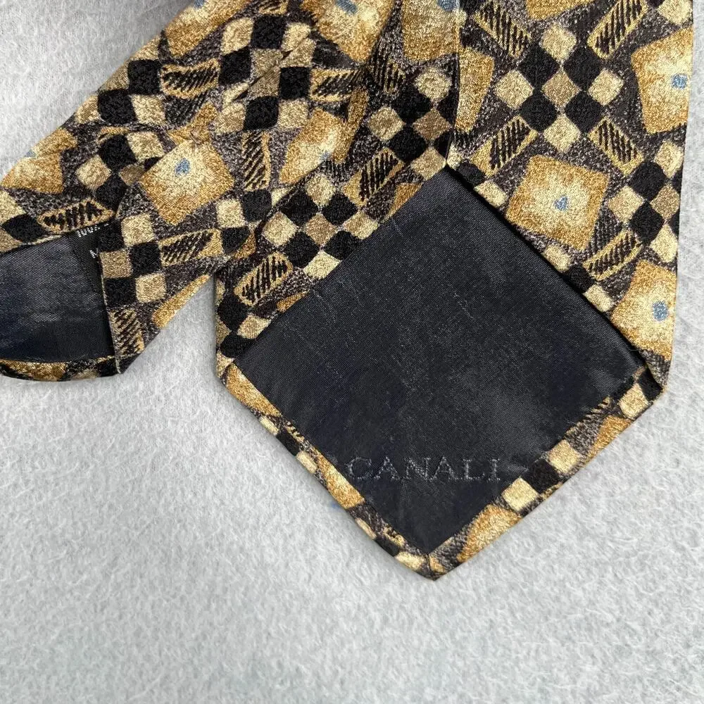 Vintage Canali Necktie Silk Beige Black Geometric Made In Italy
